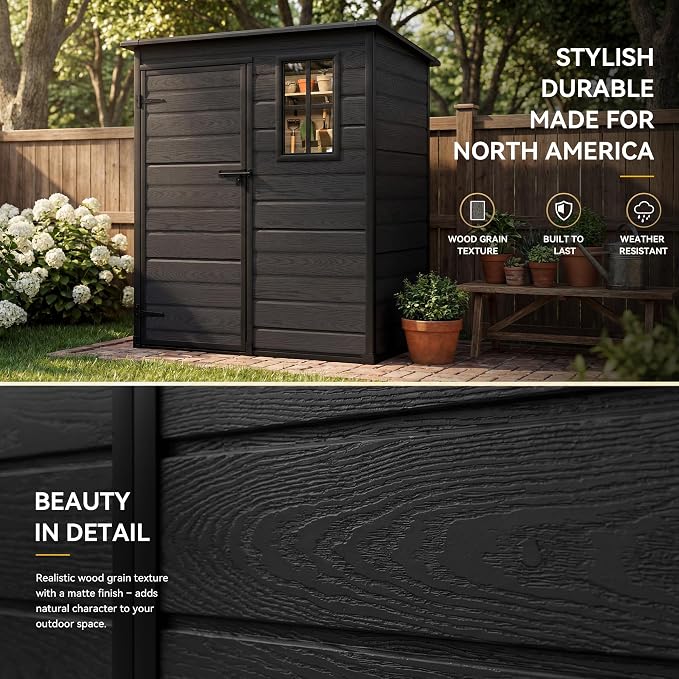 DWVO 5x3 FT Outdoor Storage Shed with Reinforced Floor, All-Weather Resin Storage Shed with Lockable Door & Window, Waterproof Garden Tool Shed for Backyard, Patio, Lawn
