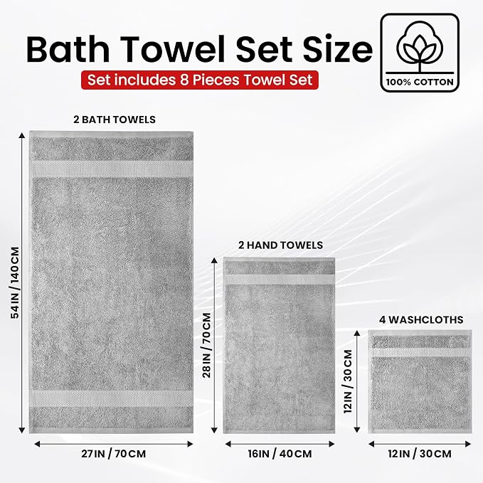 Infinitee Xclusives 100% Cotton Bath Towel Set – 8 Piece Bathroom Towel Set | (2 Bath Towels, 2 Hand Towels, 4 Washcloths) – Soft & Absorbent Towels for Bathroom - Gym, Shower, Spa & Hotel Use