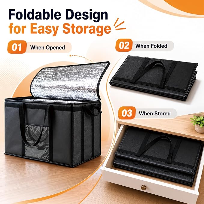 Insulated Food Bag, Portable Cooler Tote (Medium, Black, 1 Pack) | Thermal bag, For cold and hot food, Soft sided cooler, Heavy duty 3-layered tote, Grocery shopping, Beach or travel bag