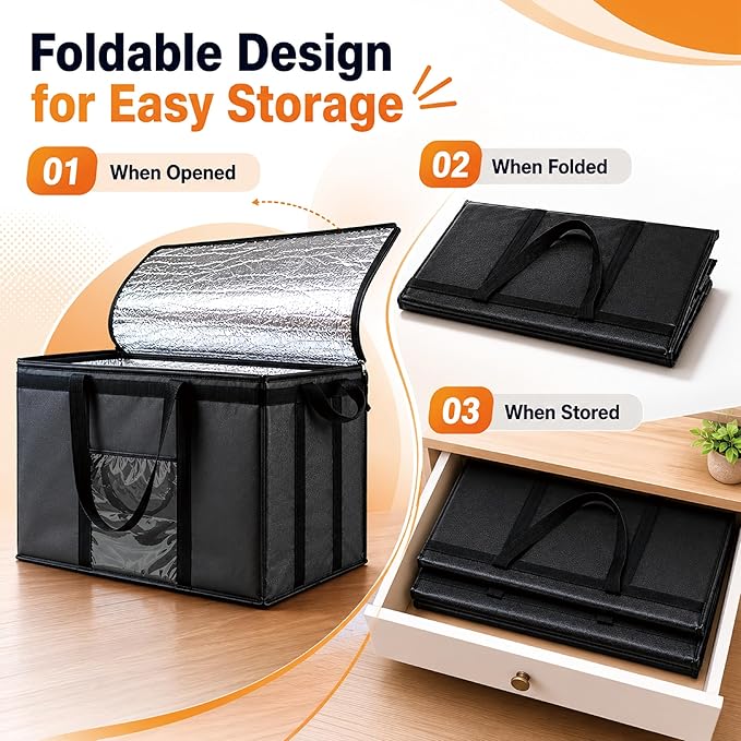 Insulated Food Bag, Portable Cooler Tote (XL Plus, Black, 1 Pack) | Large thermal bag, For cold & hot food, Soft sided cooler, Heavy duty carrier, Grocery shopping, Food delivery, Catering bag