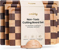 SMIRLY Cutting Board for Kitchen, 3 Pcs Rubberwood Cutting Board with Stand | Non Toxic Checkered Cutting Board with Juice Grooves and Handles, Multiple Sizes Wood Chopping Boards for Meal Prep