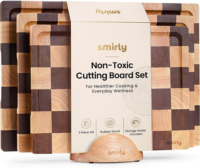 SMIRLY Cutting Board for Kitchen, 3 Pcs Rubberwood Cutting Board with Stand | Non Toxic Checkered Cutting Board with Juice Grooves and Handles, Multiple Sizes Wood Chopping Boards for Meal Prep