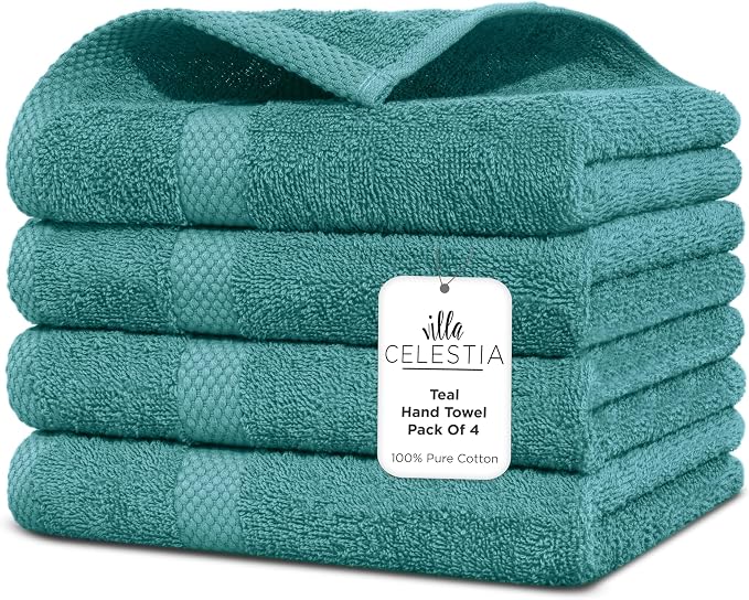 Villa Celestia Cotton Hand Towels Set of 4, 16 x 28, Oeko-TEX Certified, Quick Dry, Teal