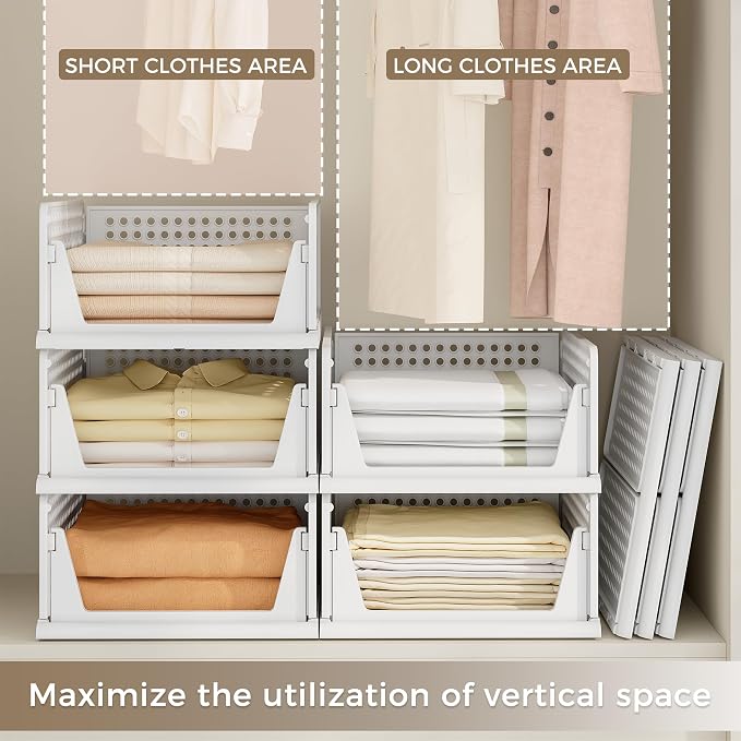 Pinkpum 8 Pack Closet Organizers and Storage Plastic Stackable Storage Bins, Foldable Drawer Shelf Storage Container for Wardrobe Kitchen Bathroom Dorm White