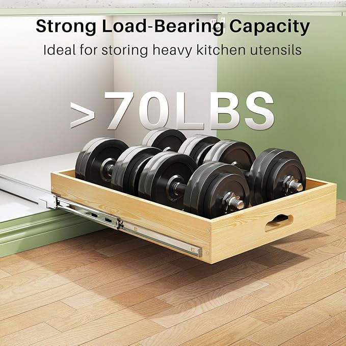 Pull Out Cabinet Organizer, Soft Close Wooden Slide Out Drawers for Pots and Pans, Full-extension Roll Out Shelves for Kitchen Cabinets, Pantry Organization, Bottom & Side Mount(12"W X 21"D x 3.4''H)
