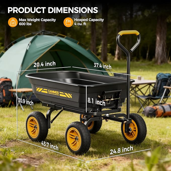 CAMMOO 10-in NO-Flat Tires 600lb Garden Dump Cart 4 Cu.Ft. Wheelbarrow | Garden Wagon Quick-Release Dumping Garden Cart Virgin Polypropylene - Not Recycled Material for Landscaping Gardening