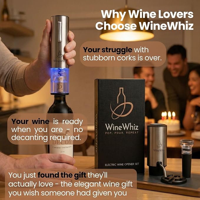 Electric Wine Aerator & Opener Set with Accessories, Rechargeable Automatic Corkscrew, Aerator, Dispenser, Foil Cutter Tool, Stopper, Wine Lovers Gift for Housewarming, Birthday, Registry, Anniversary