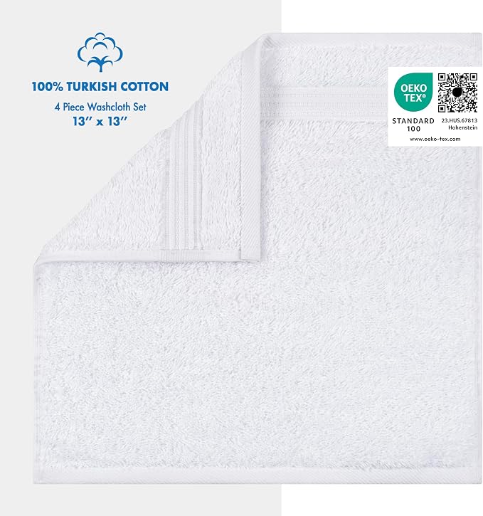 Cotton Paradise 100% Cotton Turkish Towel Set, Soft Absorbent Quick Dry, 4 Piece Washcloth Set, Snow White