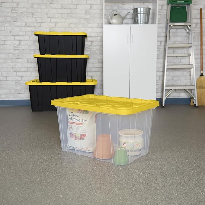Sterilite 4-Pack Industrial Storage Box, Plastic Container Bins w/Lids, 27 Gallon, Yellow - Heavy-Duty Organizing Containers for Closet, Bathroom, and Office