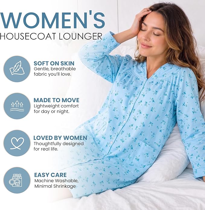 Casual Nights Women's Floral Snap Front Flannel Duster Long Sleeve Lounger Dress