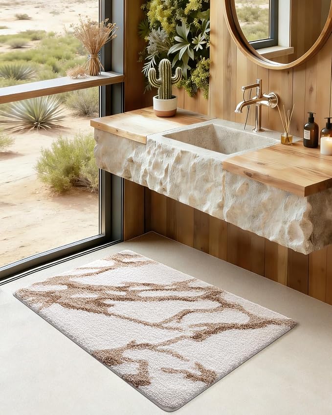 DEXI Bathroom Rug Mat 36x24, Soft and Absorbent Marble Bath Mat, Non Slip Machine Washable Bath Rugs for Shower Floor, Tub, Sink, White and Beige