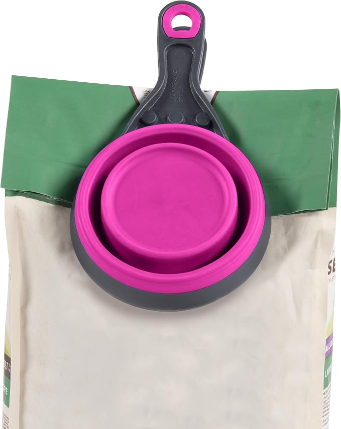 Dexas Pets Collapsible KlipScoop Collapsible Dry Dog Food Scoop and Dog Food Bag Clip, 2 Cup Capacity, Fuchsia (Pack of 2)
