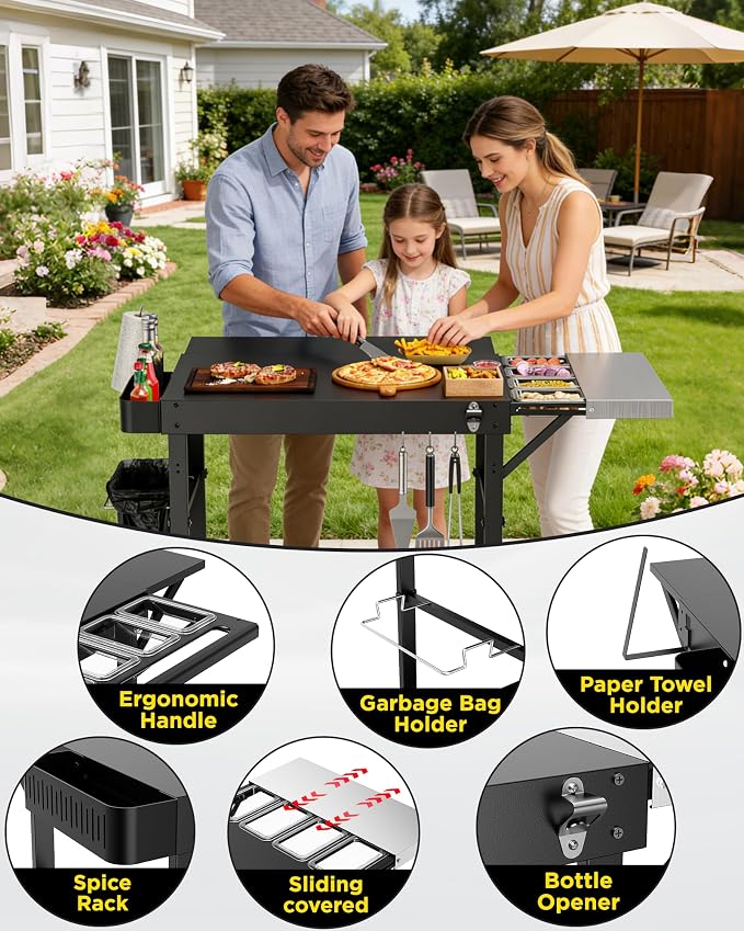 Pizza Oven Table, Grill Table for Ninja Pizza Oven, Pizza Oven Cart Fits Blackstone 17/22 Griddle, Koda 12/16, Cuisinart Gozney, Solo Stove,Outdoor Pizza Oven cart with Sliding Covered Storage Tray