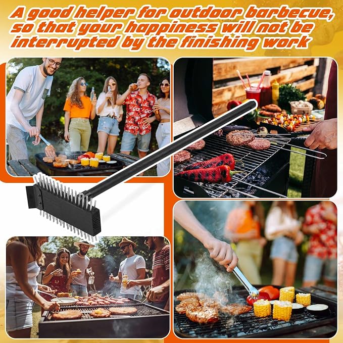 2 Pcs Black Stainless Steel Grill Brush Grill Scraper with 30'' Long Wooden Handle for Commercial Cleaning Kitchens Restaurants Bathrooms