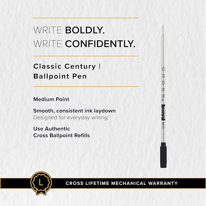 Cross Classic Century Lustrous Chrome Ballpoint Pen - Refillable Pen for Effortless Writing - Black Ink - Durable Construction - Premier Distinctive Look - Gift-Ready