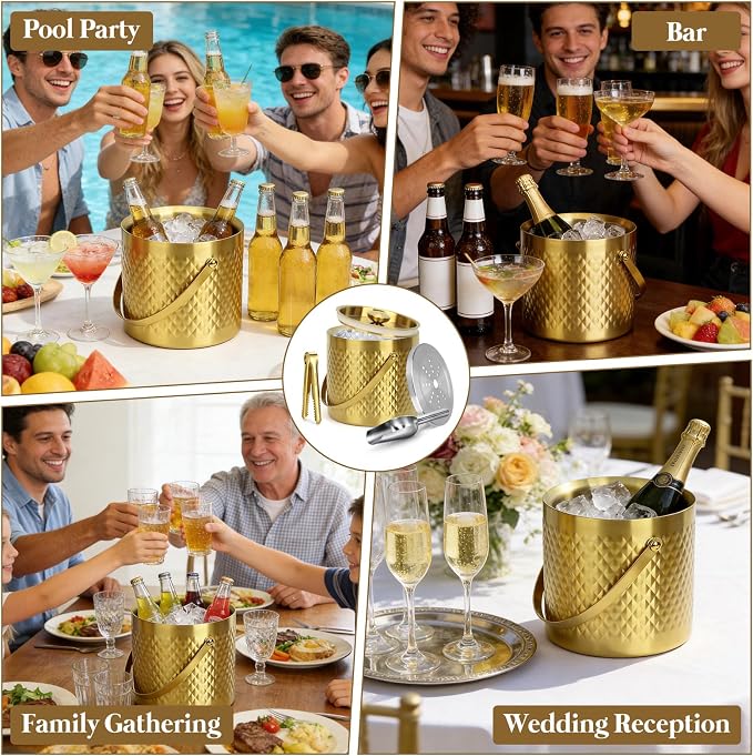 3L Vacuum Insulated Ice Bucket, 304 Stainless Steel Champagne Bucket with Lid, Silicone Seal, Handle, Ice Tongs Scoop Strainer, 2-3H Cold Retention for Bar Party Home Wedding Gifts