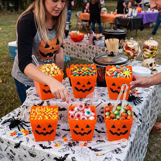61 oz 6 Halloween Candy Bar Containers with 3 Tongs and 3 Scoops | Candy Bar Supplies, Reusable Plastic Spooky Pumpkin Serving Bowl, Candy Buffet Station Party Supplies, Dessert Snack Box