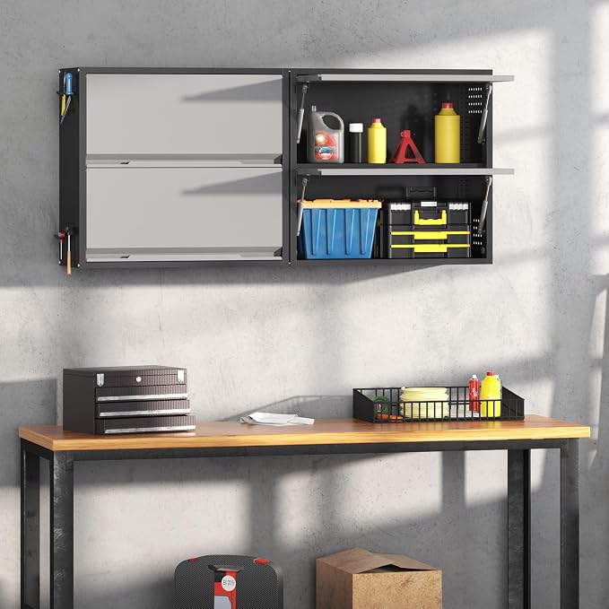 Coolsun 2 Door Metal Wall Cabinet, Garage Wall Cabinet with Up-Flip Door, 25.6" H Wall Mounted Metal Storage Cabinet for Garage,Basement,Ware House Assembly Required