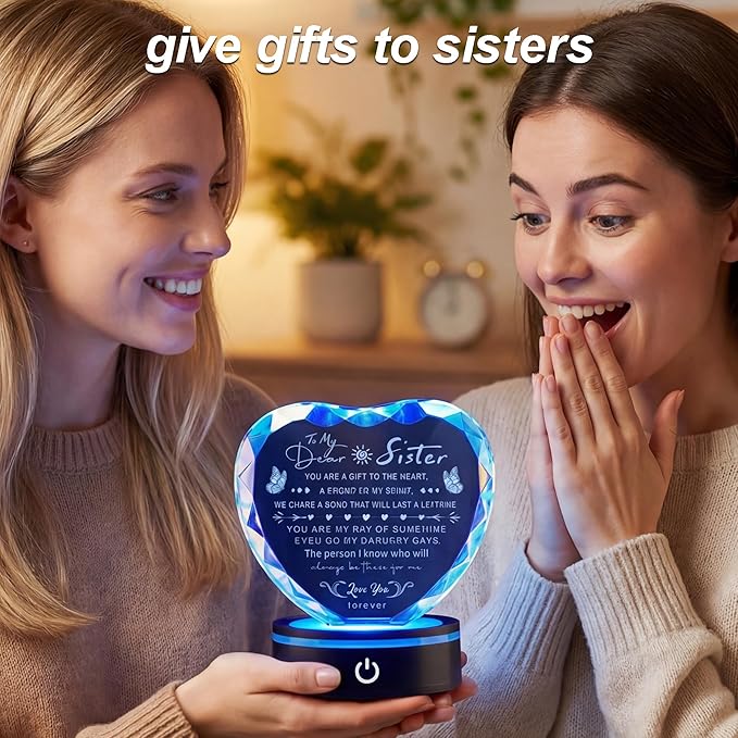 Sister Gifts Crystal Keepsake with LED Base, Laser Engraved Sister Gift from Sister, Soul Sister Presents for Women, Unique Big Sister Birthday Gifts for Girls, Best Sister Ever Gifts