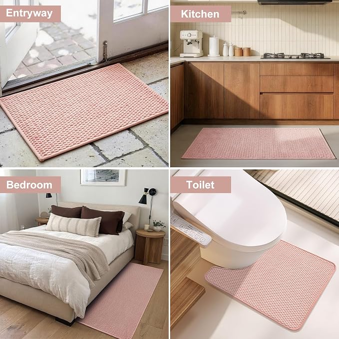 Triohero Bathroom Rugs Non Slip Washable, Super Absorbent Thin Bath Mat Quick Dry Low Pile Bathroom Rug, Pink 24"x47"