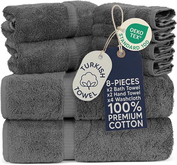 Towel Bazaar 8-Piece Towel Set, 100% Premium Cotton Turkish Towels,Luxury Towel Super Soft and Absorbent, Perfect Use for Bathroom, Shower Towels - Dark Gray