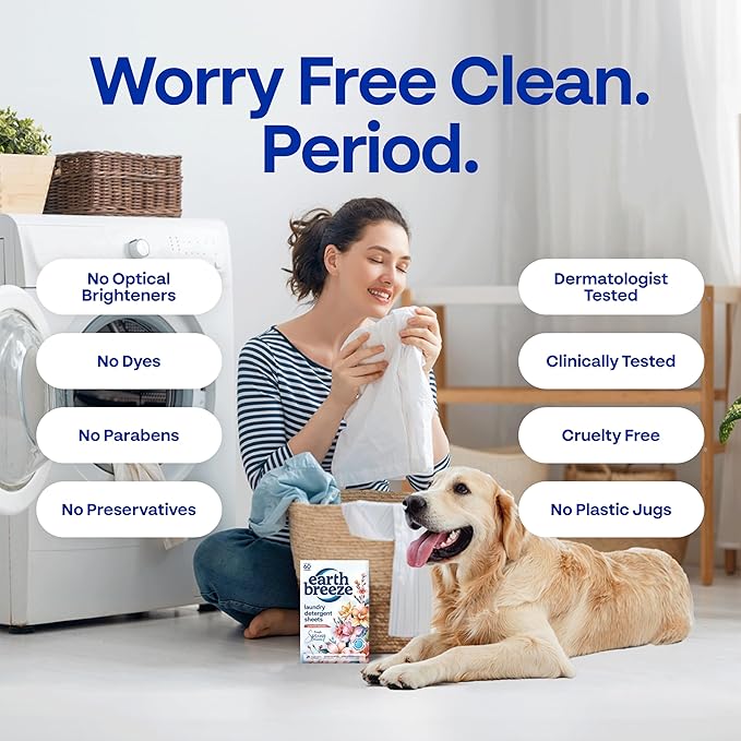 Earth Breeze Laundry Detergent Sheets Fresh Spring Blossoms - 60 Loads - Eco Laundry Sheets - Travel Laundry Soap Sheets for Hot & Cold Cycles - Tackles Tough Stains & Odors - Gentle on Skin, 30 Ct