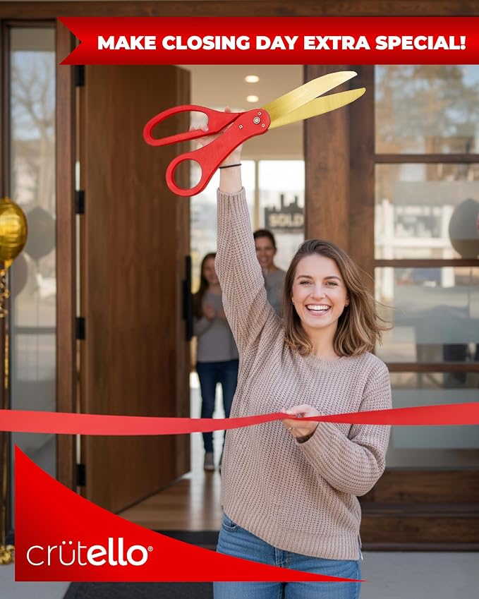 Crutello Grand Opening Ribbon Cutting Kit - Giant Gold Scissors with Red Handle & 30ft Red Ribbon 4"Wide