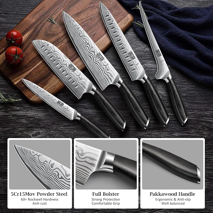 HOSHANHO 16-Piece Knife Set with Block, Ultra Sharp Kitchen Knife Block Set | High Carbon Powder Steel Chef Knife Set, Professional Kitchen Knives Set with Sharpener and Pakkawood Handle, Elegant Box