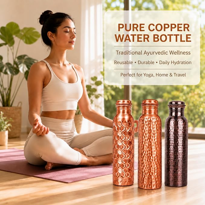 Copper Water Bottle,Ayurvedic Pure Copper Bottle For Drinking - Drink More Water, Lower Your Sugar Intake And Enjoy the Health Benefits Immediately,32 Oz (1Cleaning Brush+2 Hammered+1Diamond Bottle)