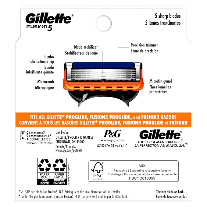 Gillette Fusion5 5-Blade Mens Razor Blade Refills, 12 Count, with Precision Trimmer