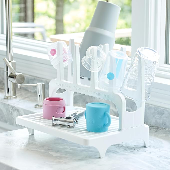 PopYum White Space Saving Drying Rack from 100% Recycled Bottles | Space Saving, Made from 100% Recycled Bottles, Countertop for Baby Bottles, For Plastic Bags, Cups, Glass, Tumblers, Compact