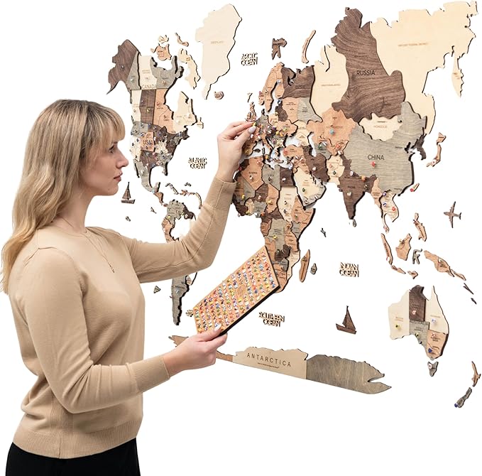 Enjoy The Wood 3D Wooden World Map Wall Art - Large Travel Map with Pins for Art Decor - Decorative Map of the World for Home, Office - Travel Wall Art Housewarming Gift Idea (Smokey, 2XL, Unframed)
