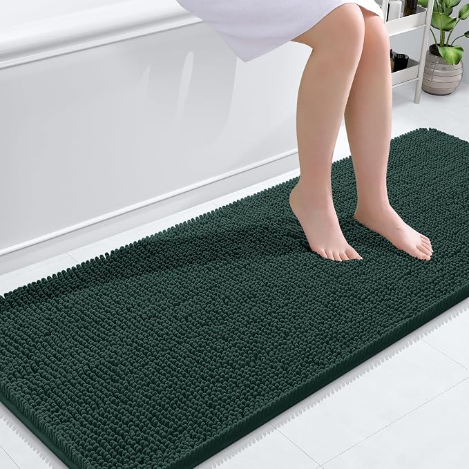 OLANLY Bathroom Runner Rugs 59x24, Soft Absorbent Chenille Bath Rugs, Rubber Backing Quick Dry, Machine Washable Long Bath Mats for Bathroom, Tub and Shower, Home Decor Accessories, Blackish Green