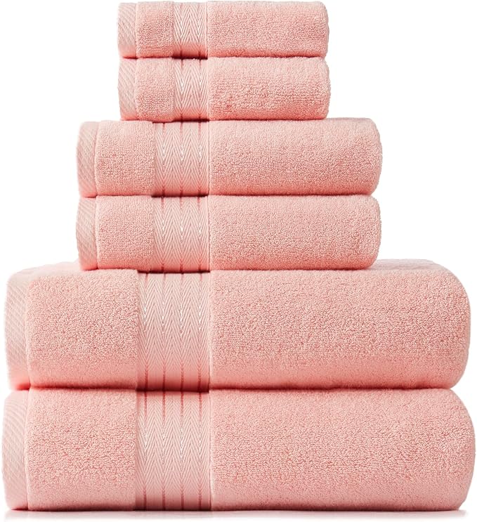 COZYART Luxury Bath Towel Set 6 Pcs, Soft Pink 100% Turkish Cotton 650 GSM | OEKO-Tex 100 Certified Zero Twist Ring Spun, Soft Absorbent Quick Dry, Plush Fluffy, Breathable Hotel Quality for Daily Use