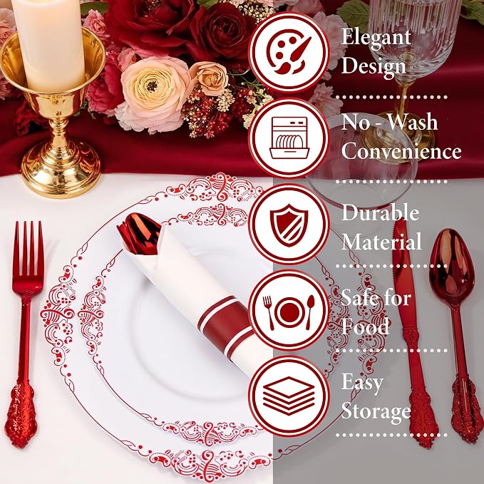 Nervure 350PCS Red Plastic Plates - White Red Plastic Dinnerware Set for 50 Guests - 100 Red Disposable Plates, 50 Pre Rolled Cutlery Set, 50 Cups Perfect for Wedding & Party