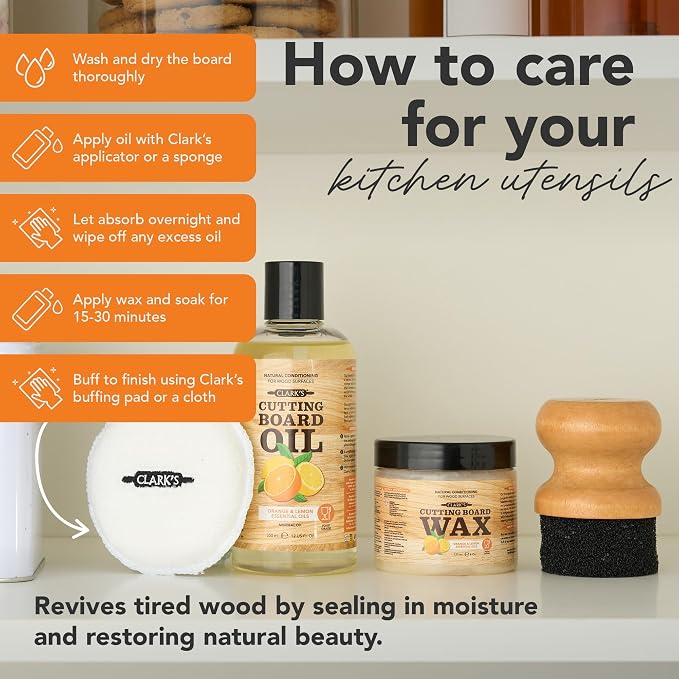 CLARK'S Food Grade Cutting Board Full Care Kit, Orange Lemon Scent - 4 Pack | Includes Food Grade Mineral Oil, Cutting Board Wax, Oil & Wax Applicators, Buffing Pads - Restores & Protects