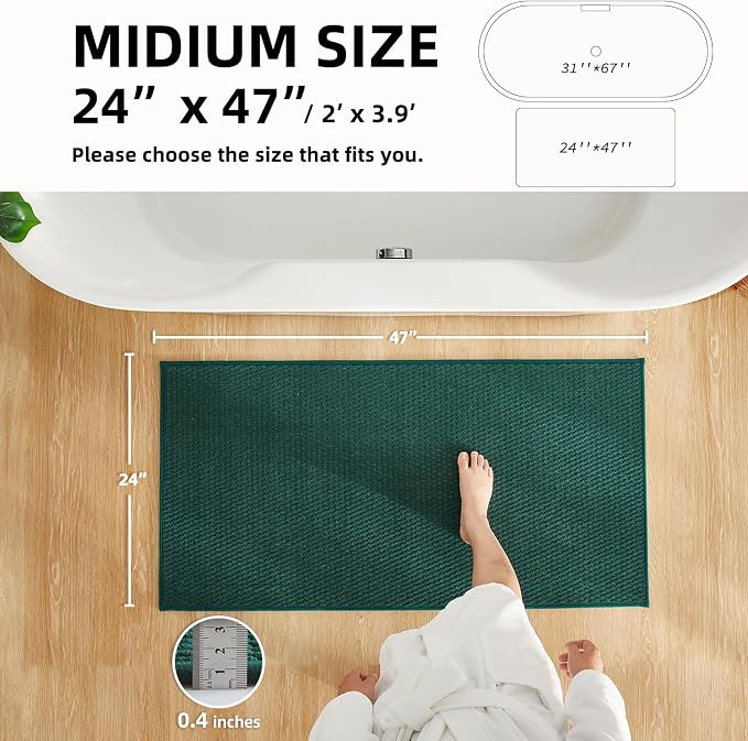 TYUU Bathroom Rugs Non Slip Washable, Super Absorbent Thin Bath Mat Quick Dry Low Pile Bathroom Rug, Dark Green 24"x47"