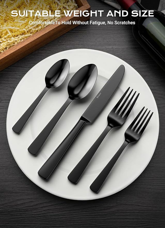 Black Silverware Set, 20-Piece Flatware Set Service for 4, Durable Stainless Steel, Mirror Polished Tableware Eating Cutlery Set, Kitchen Utensils Set with Steak Knives, Dishwasher Safe