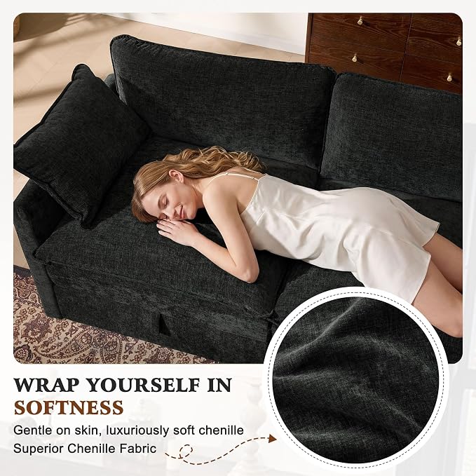 Ihanherry Oversized Sectional Sofa Bed with Storage, 103" 6-Seater Modular Cloud Couch with Movable Ottomans, Chenille Deep Seat Sleeper Couches for Living Room (Black)