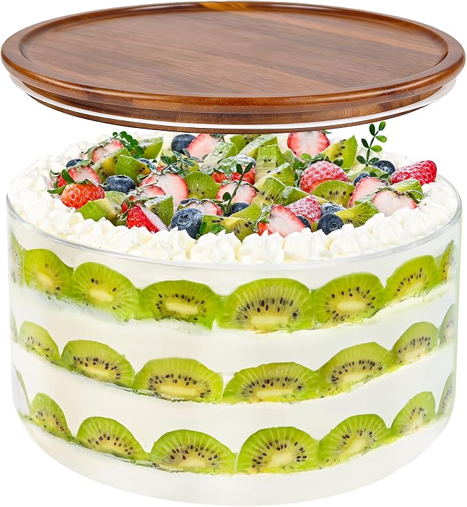 155 Oz Large Glass Trifle Bowl, Glass Salad Bowl with Acacia Wood Lid, Premium Serving Bowls for Cake, Salad, Fruit, Baking, Dessert, Meal Prep, Storing, Microwave & Oven Safe, BPA Free