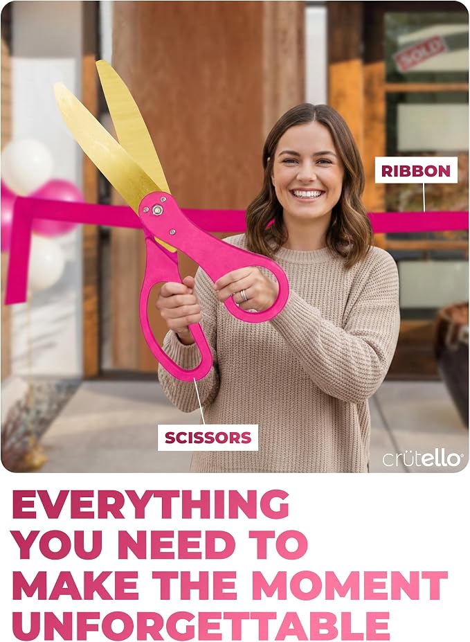 Crutello Giant Ribbon Cutting Ceremony Kit - 20"Large Gold Scissors Set with Pink Handle, Durable Big Scissor and 30 Feet of Oversized 4"Wide Pink Grand Opening Ribbon