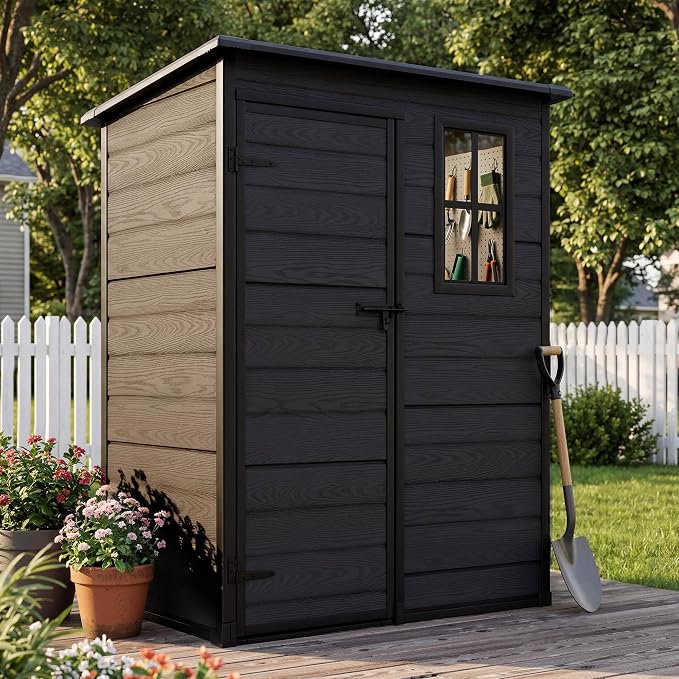 DWVO 5x3 FT Outdoor Storage Shed with Reinforced Floor, All-Weather Resin Storage Shed with Lockable Door & Window, Waterproof Garden Tool Shed for Backyard, Patio, Lawn