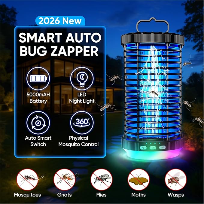 CreateFun Bug Zapper Outdoor, 2026 Upgraded 3 in 1 Rechargeable Bug Zapper with 5000mAh Battery & LED Night Light, 4000V Cordless Waterproof Mosquito Zapper for Outside,Patio,Backyard,Garden Black 01