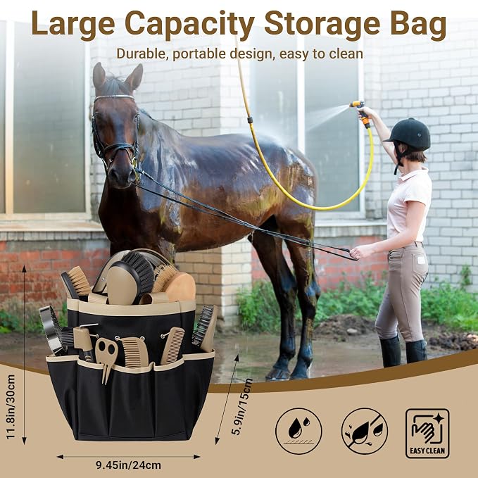 Horse Grooming Kit, 14-in-1 Professional Horse Brush Supplies Set for Grooming & Care, with Horse Brushes, Curry Comb, Hoof Pick & Waterproof Storage Tote Bag for Shining, Detangling, Massaging(Khaki)
