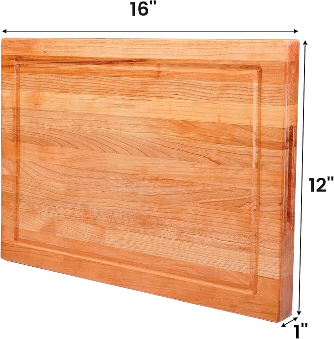 Solid Cherry Wood Cutting Board for Kitchen, USA Grown Hardwood, 16 x 12, with Invisible Inner Handle, Prefinished with Food-Grade Oil, Suitable for Kitchen Edge Grain, 1" Thick