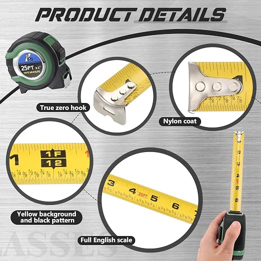 Youyole 10 Pack Tape Measure with Fractions 1/8 Steel Measuring Tape Retractable Easy Read Measurement Ruler Steel Power Blade (25 ft X 1 in,Green)