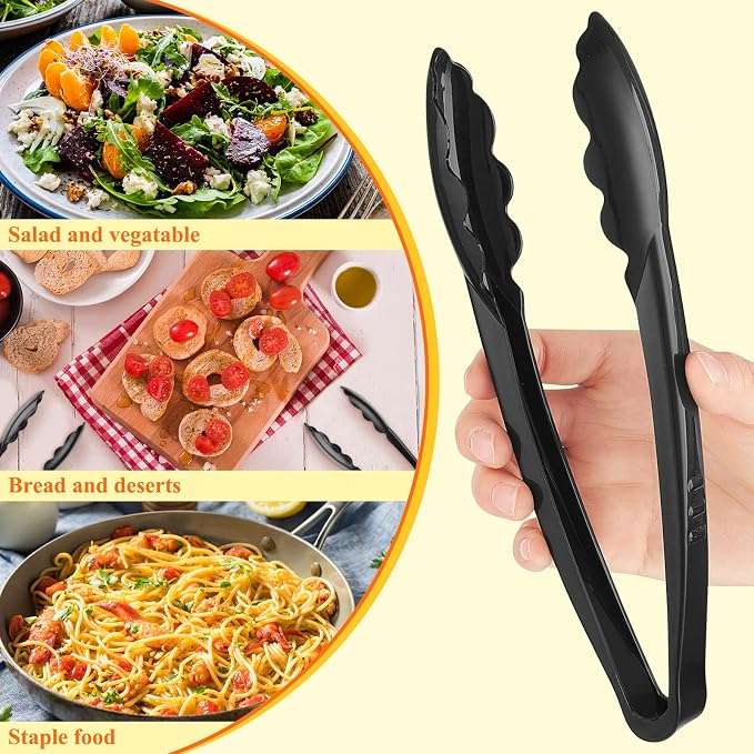 Tessco for you 80 Pcs Plastic Tongs for Serving Bulk, 9 Inch Plastic Disposable Serving Tongs, Heavy Duty Salad Tong for Kitchen, Buffet, BBQ, Events & Catering (Black)