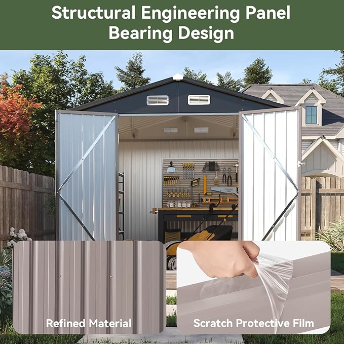 Aoxun 8x6 FT Shed Outdoor Storage Shed, Brown | Metal Shed with Lockable Doors & Slooping Roof Garden Tool Shed for Backyard, Patio, Poolside