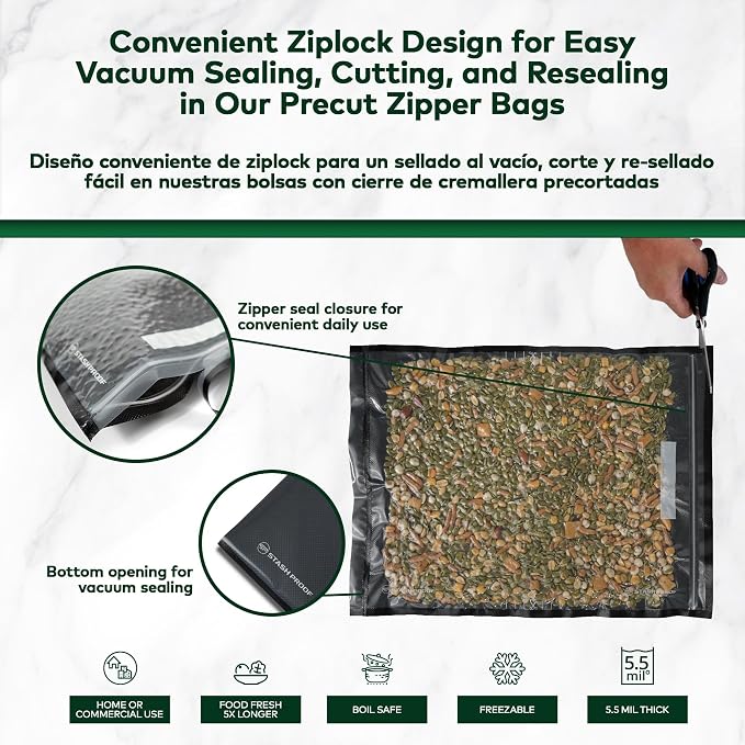 Resealable Vacuum Seal Zipper Bags 15" x 20" (50 Count) 5.5 Mil (Black & Clear) BPA Free Heavy-Duty Commercial Grade Reclosable Storage Bag, Sous Vide, Meal Prep, Freezer Storage & Food Preservation