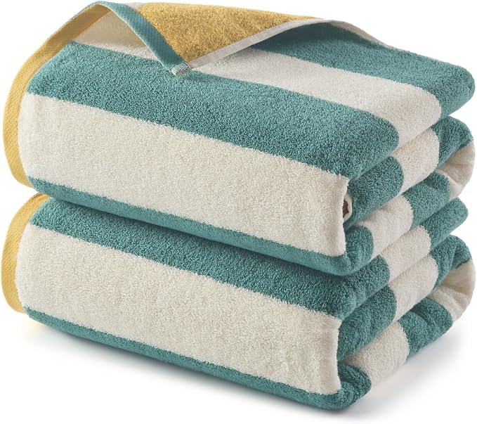 REDKISS 2 Pack Extra Large Striped Bath Towels, 31 x 63 Inches, 100% Cotton, Larger & Quicker to Dry, Super Soft and Highly Absorbent Towel, Perfect for Bathroom, Green